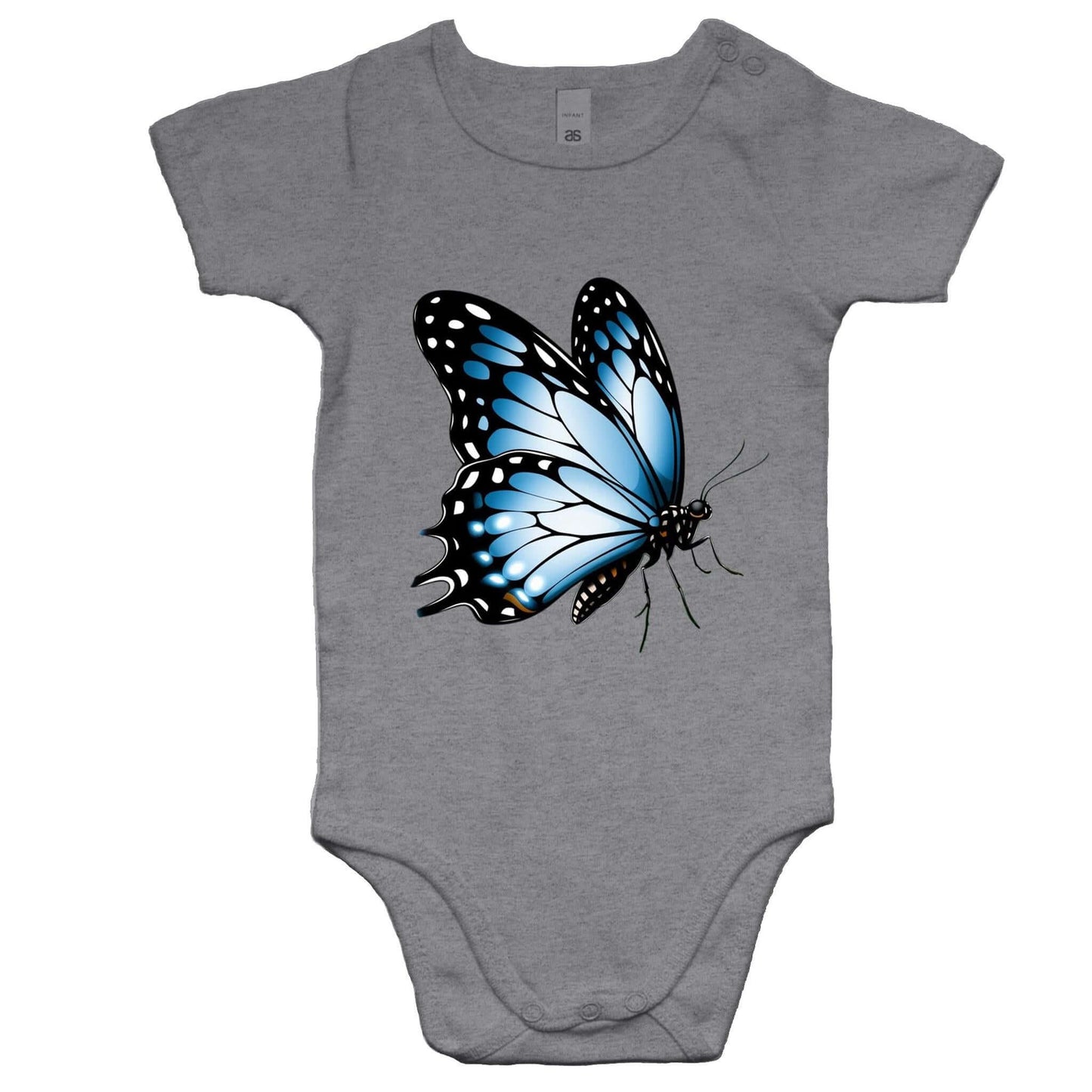 Gray baby onesie featuring a beautiful blue butterfly design, perfect for nature lovers and infants.