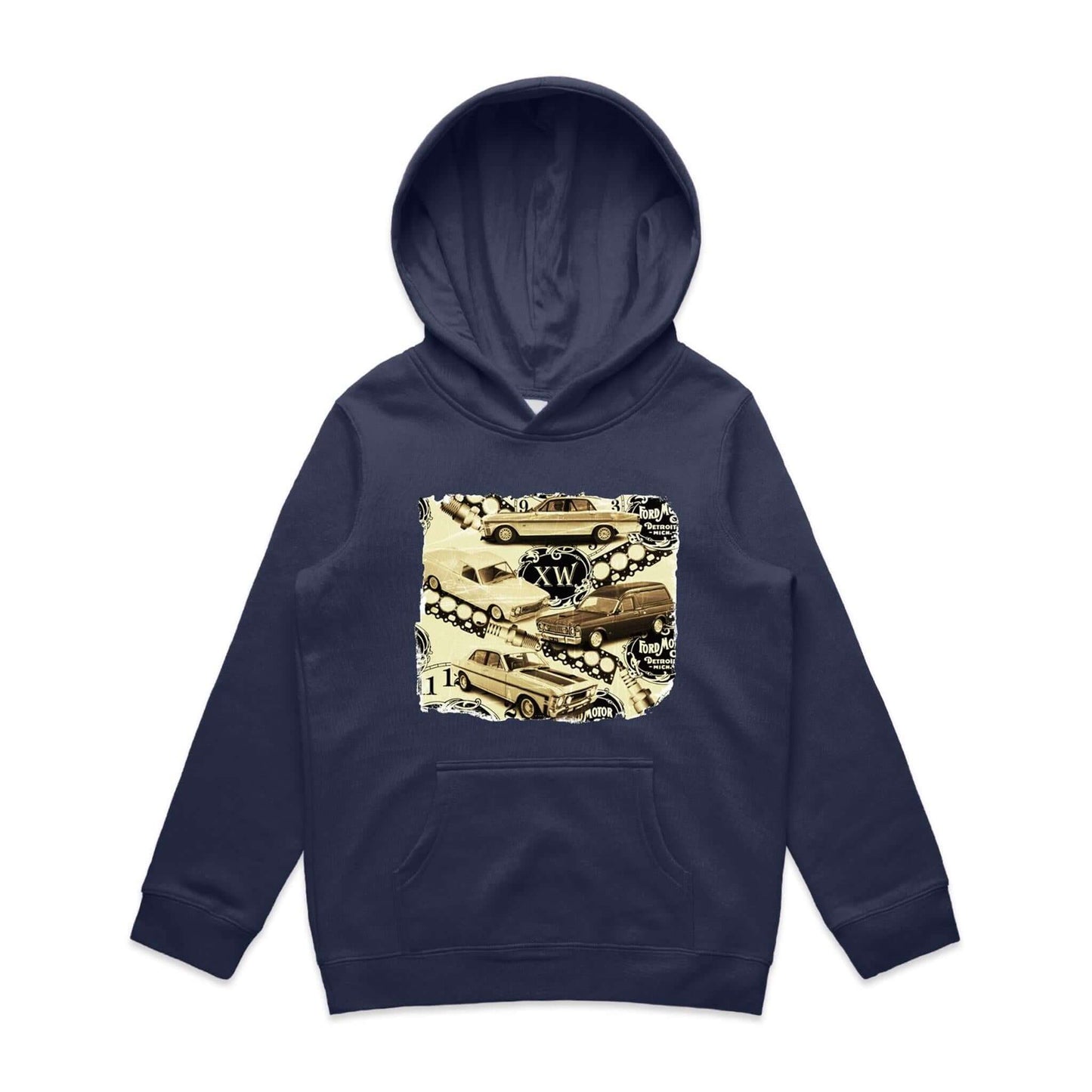 Vintage Ford kid's hoodie featuring iconic Australian XW Falcon muscle cars, perfect for enthusiasts and retro fashion lovers.