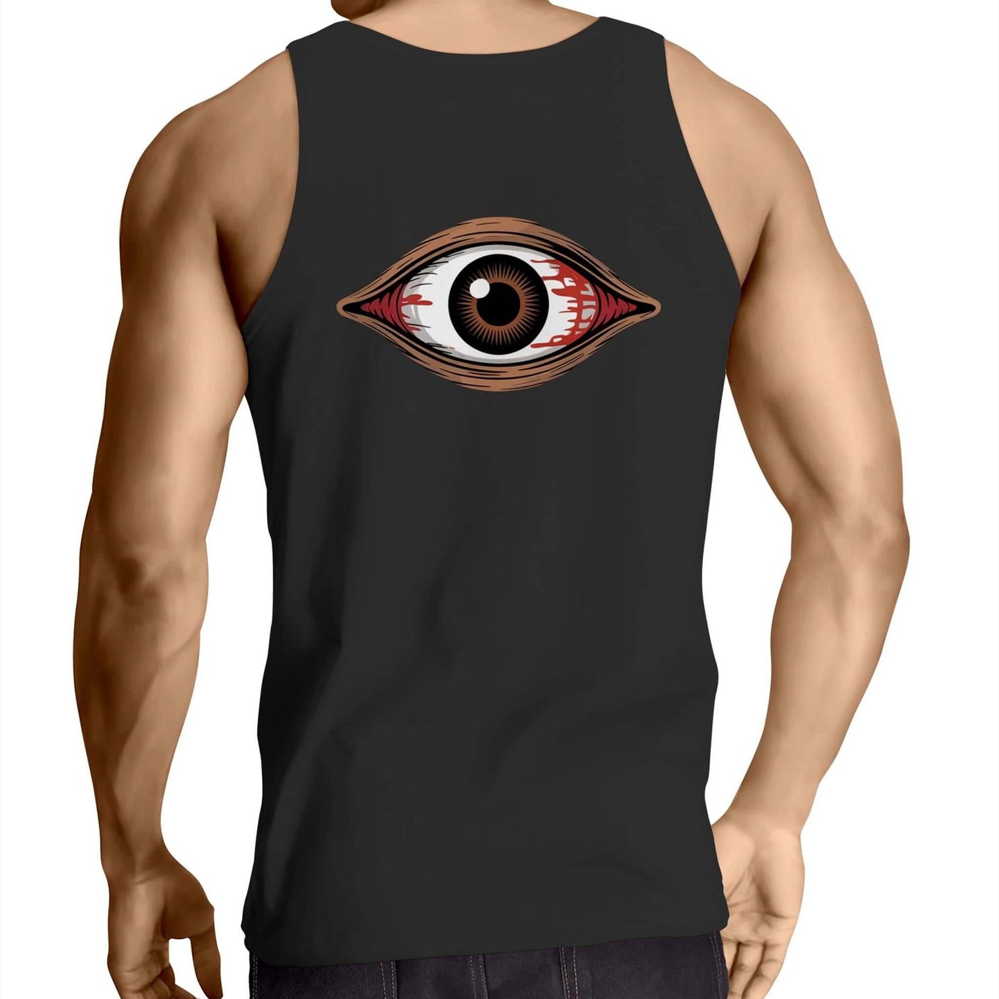 Back view of a men's black singlet top featuring a spooky bloody brown eye design, perfect for music festivals and Halloween.