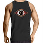 Back view of a men's black singlet top featuring a spooky bloody brown eye design, perfect for music festivals and Halloween.