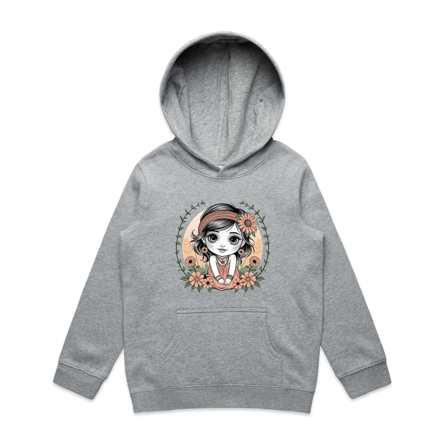 Cute chibi girl surrounded by flowers on a grey youth hoodie, perfect for young girls and whimsical fashion.