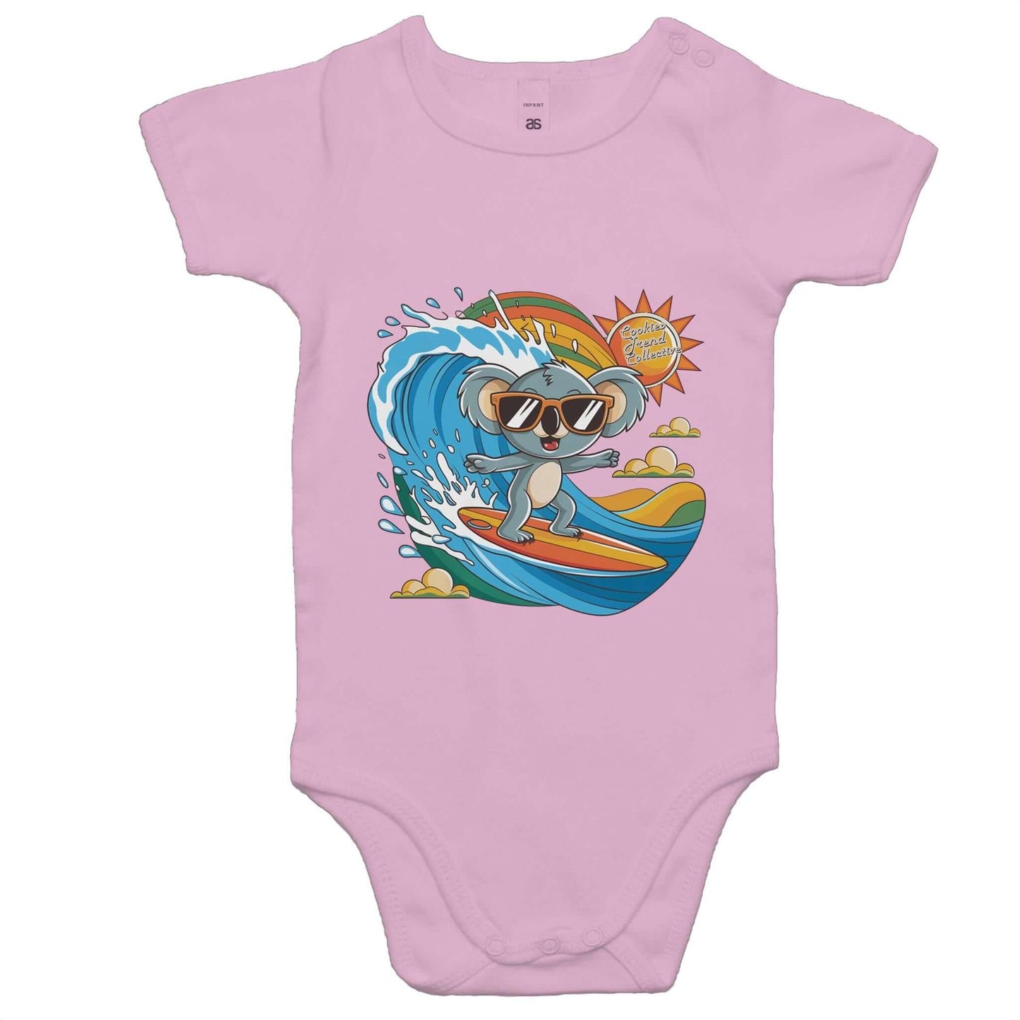 Baby onesie featuring a cool surfing koala riding a wave, perfect for beach-loving toddlers and families.