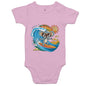 Baby onesie featuring a cool surfing koala riding a wave, perfect for beach-loving toddlers and families.