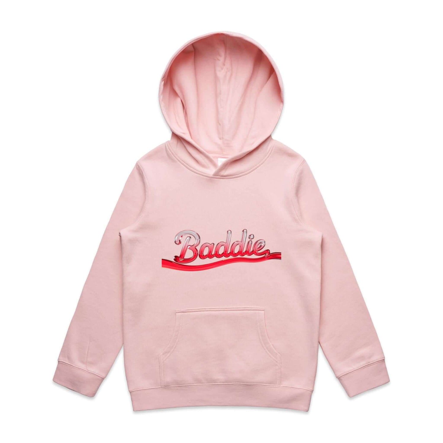 Kids pink Baddie hoodie with translucent red liquid text design, perfect for trendy winter fashion and casual wear.