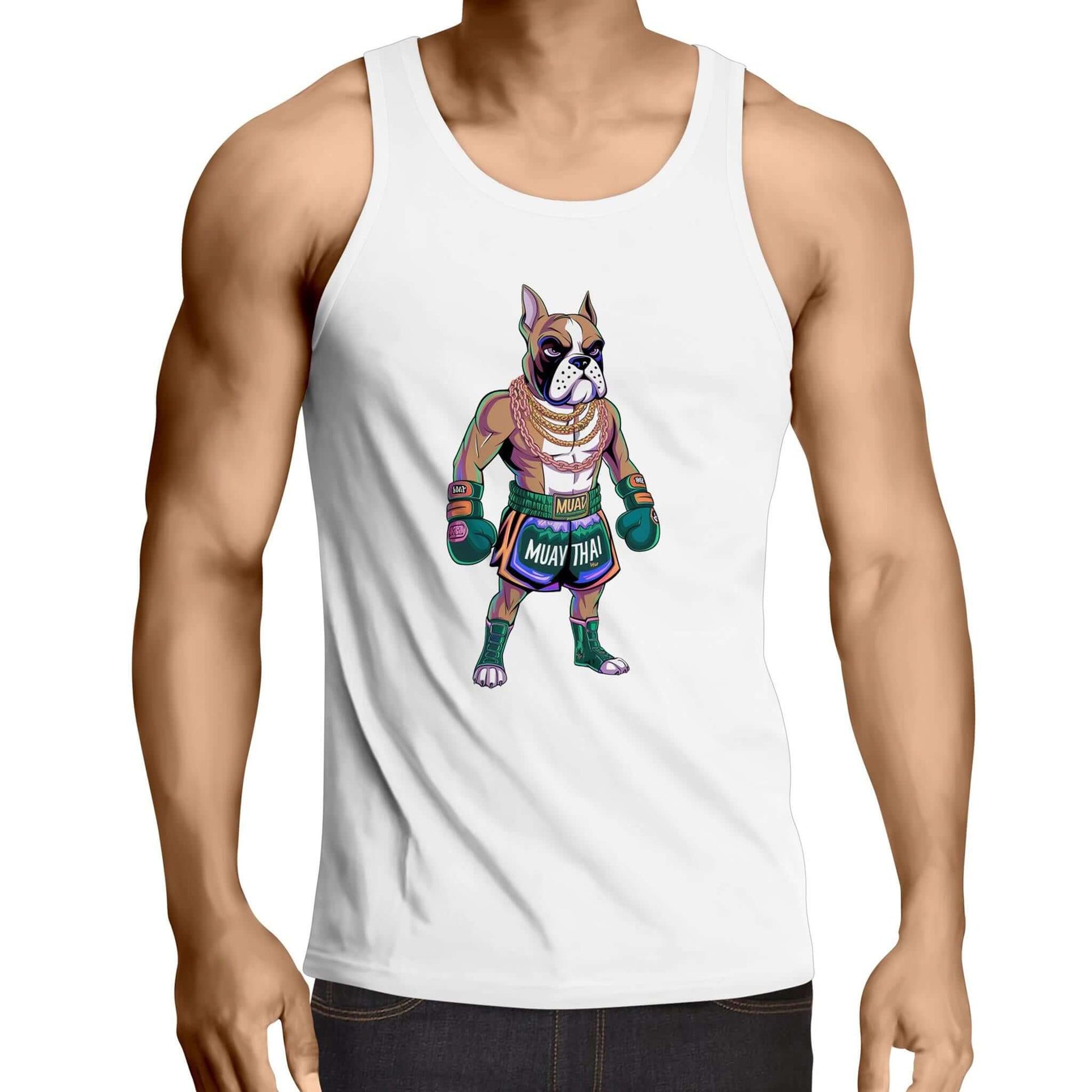 Cartoon Muay Thai boxer dog design on a men's singlet top, perfect for summer vibes and casual outings.