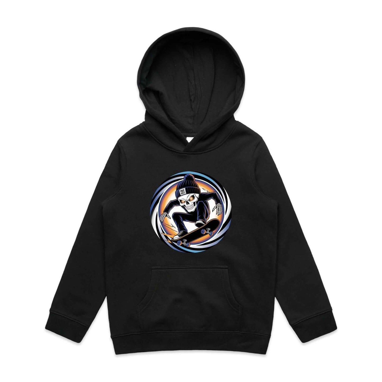 Edgy skeleton kid's skater hoodie featuring a skeleton mid trick on a skateboard with a beanie saying 'Phat Skulls'.