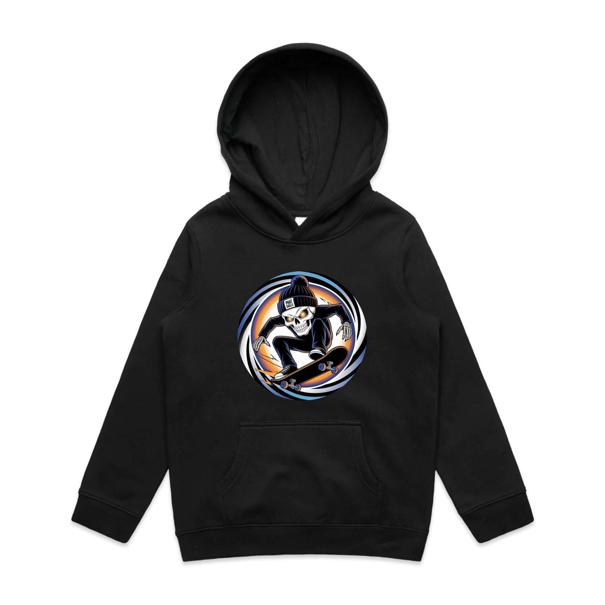 Edgy skeleton kid's skater hoodie featuring a skeleton mid trick on a skateboard with a beanie saying 'Phat Skulls'.