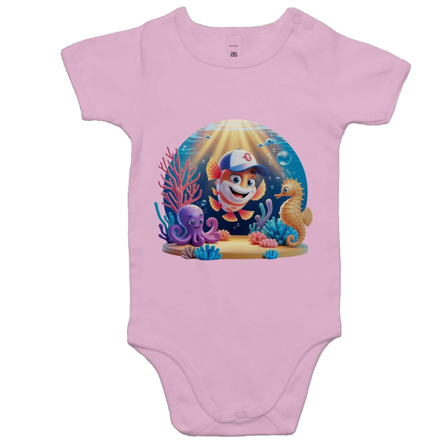 AS Colour pink baby onesie featuring a colourful cartoon sea life design with a cute fish character and sea creatures.