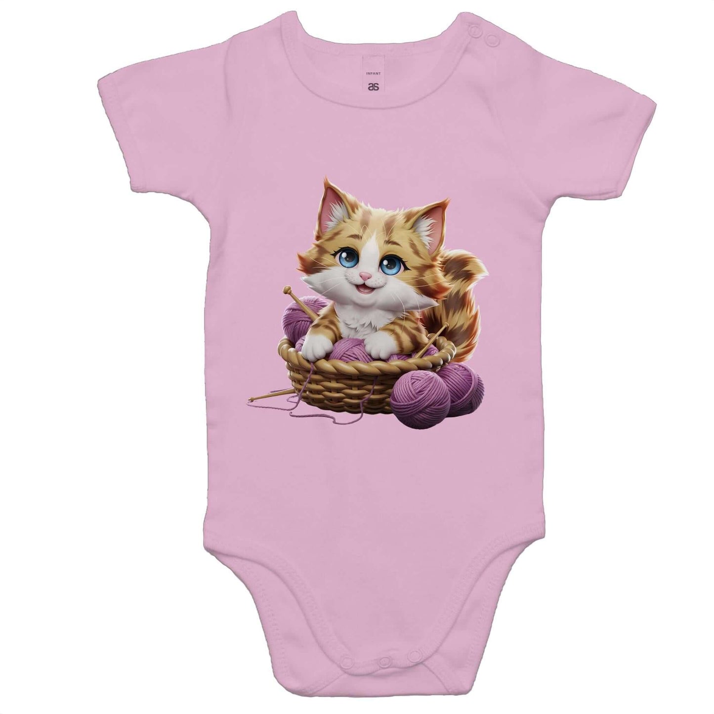AS Colour baby onesie featuring a cute cat playing in a basket of wool, perfect for cat lovers and baby fashion.