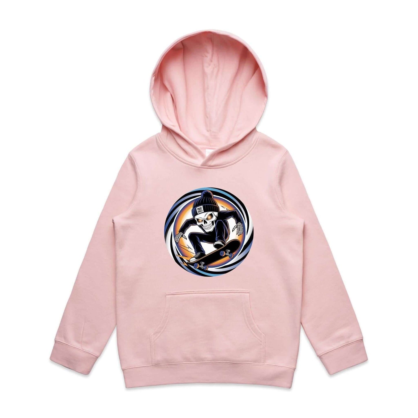 Edgy skater kid's hoodie featuring a skeleton mid trick on a skateboard with a beanie that says 'Phat Skulls' in a retro design.