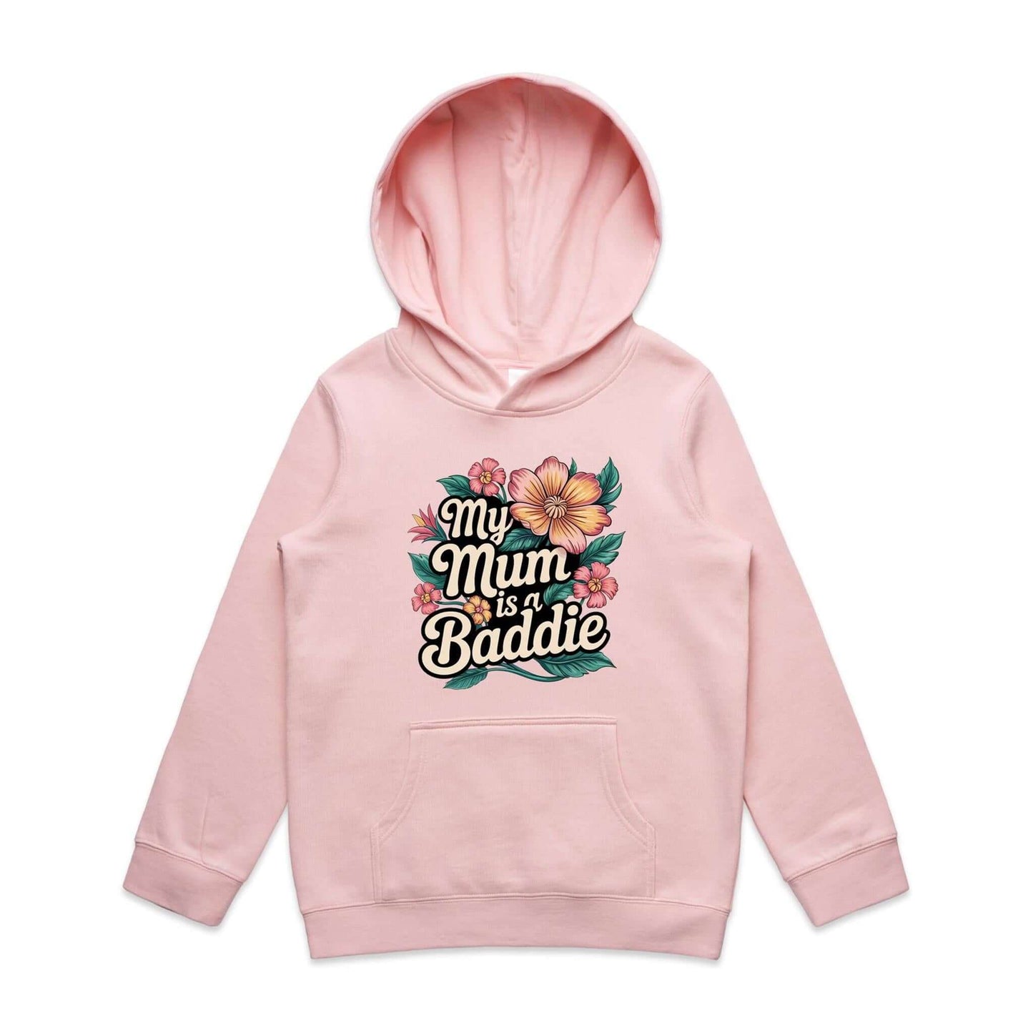 Kids hooded jumper with tropical flower design and 'My Mum is a Baddie' text, perfect for Mother's Day or everyday wear.