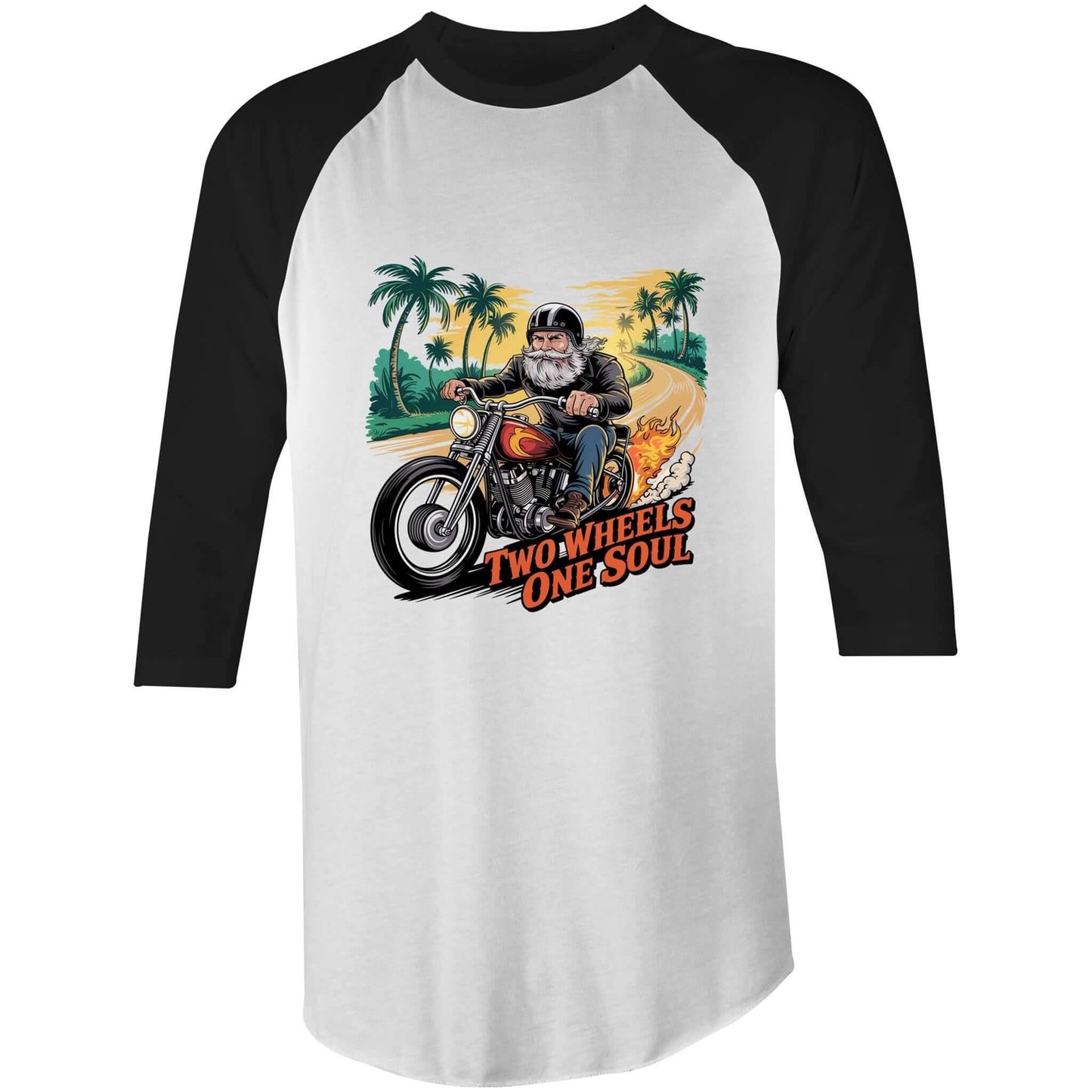 Biker riding custom bobber bike on tropical road in AS Colour 3/4 sleeve t-shirt with 'Two Wheels One Soul' text.