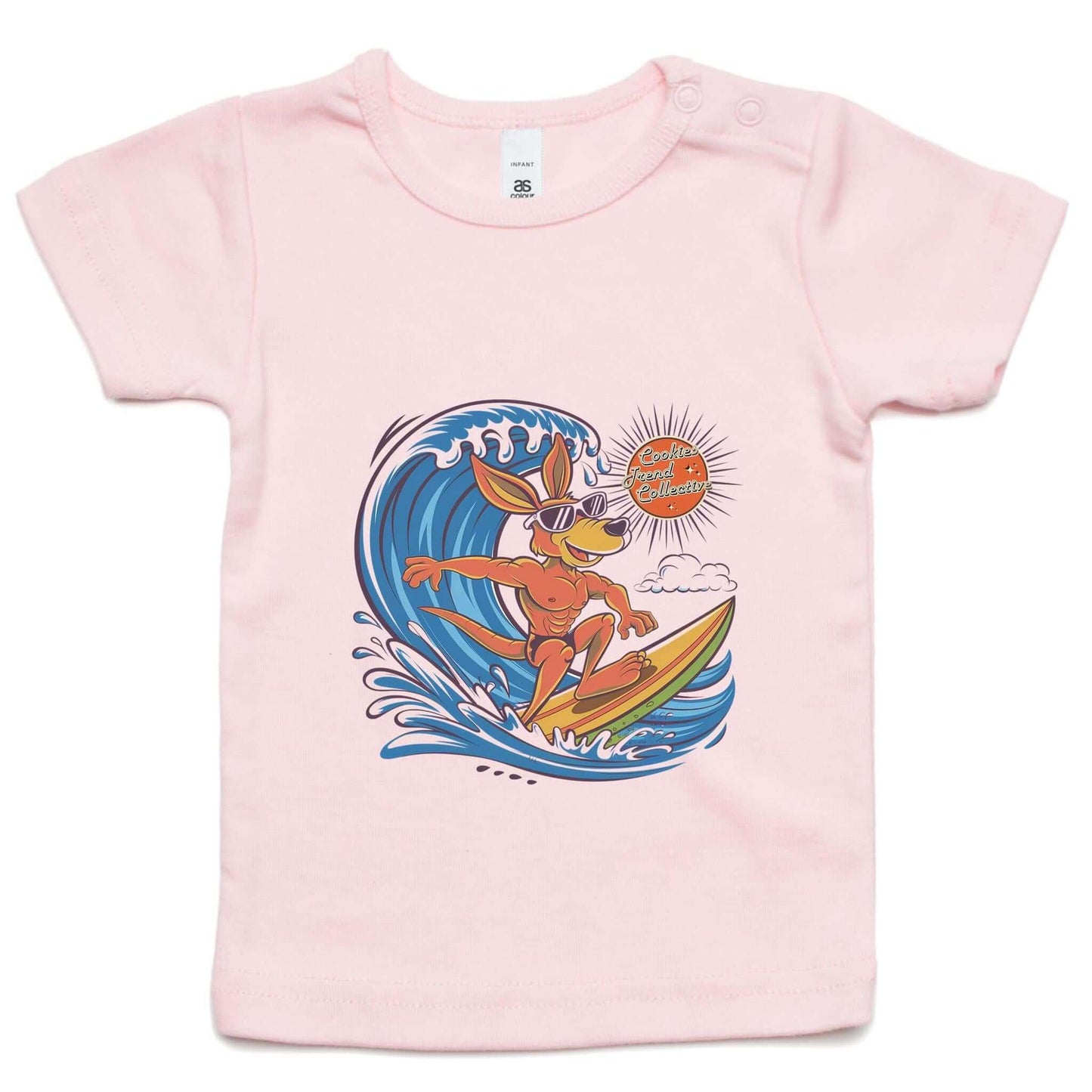 Cool kangaroo surfing a wave design on pink infant tee for beach lovers and surfing families.