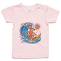 Cool kangaroo surfing a wave design on pink infant tee for beach lovers and surfing families.