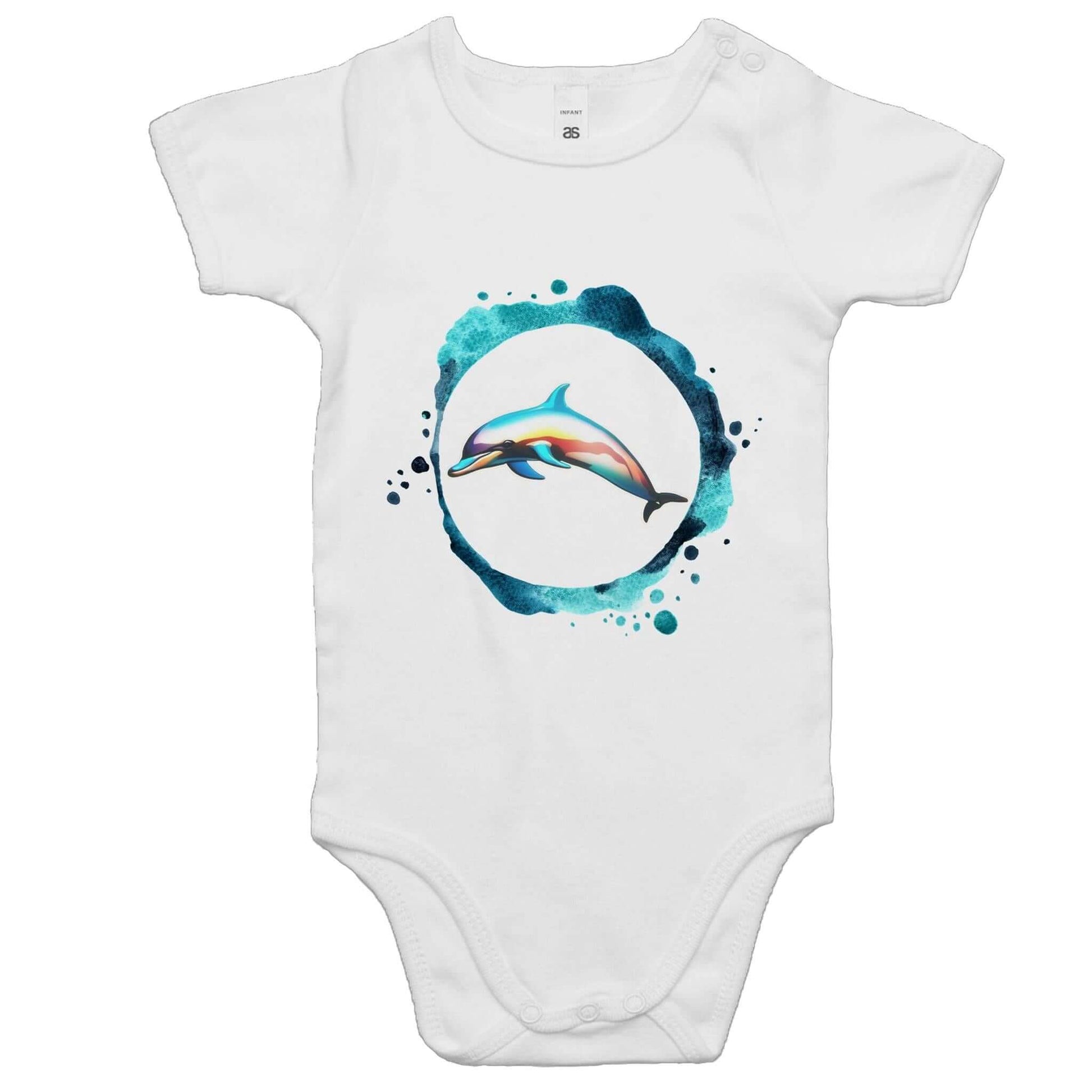 Baby onesie with a colorful dolphin jumping through a ring of water, perfect for animal lovers.