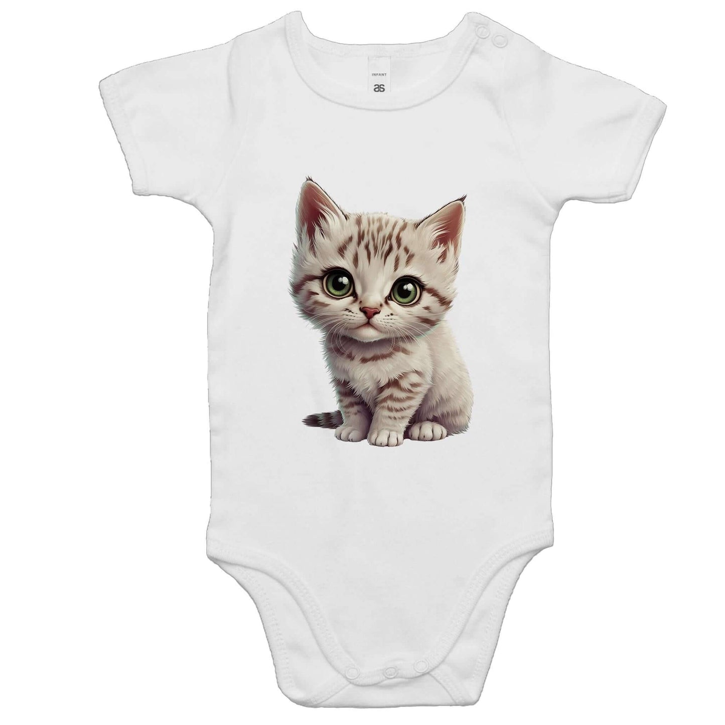 Cute white kitten graphic design on a baby onesie, perfect for infants and toddlers who love cats.