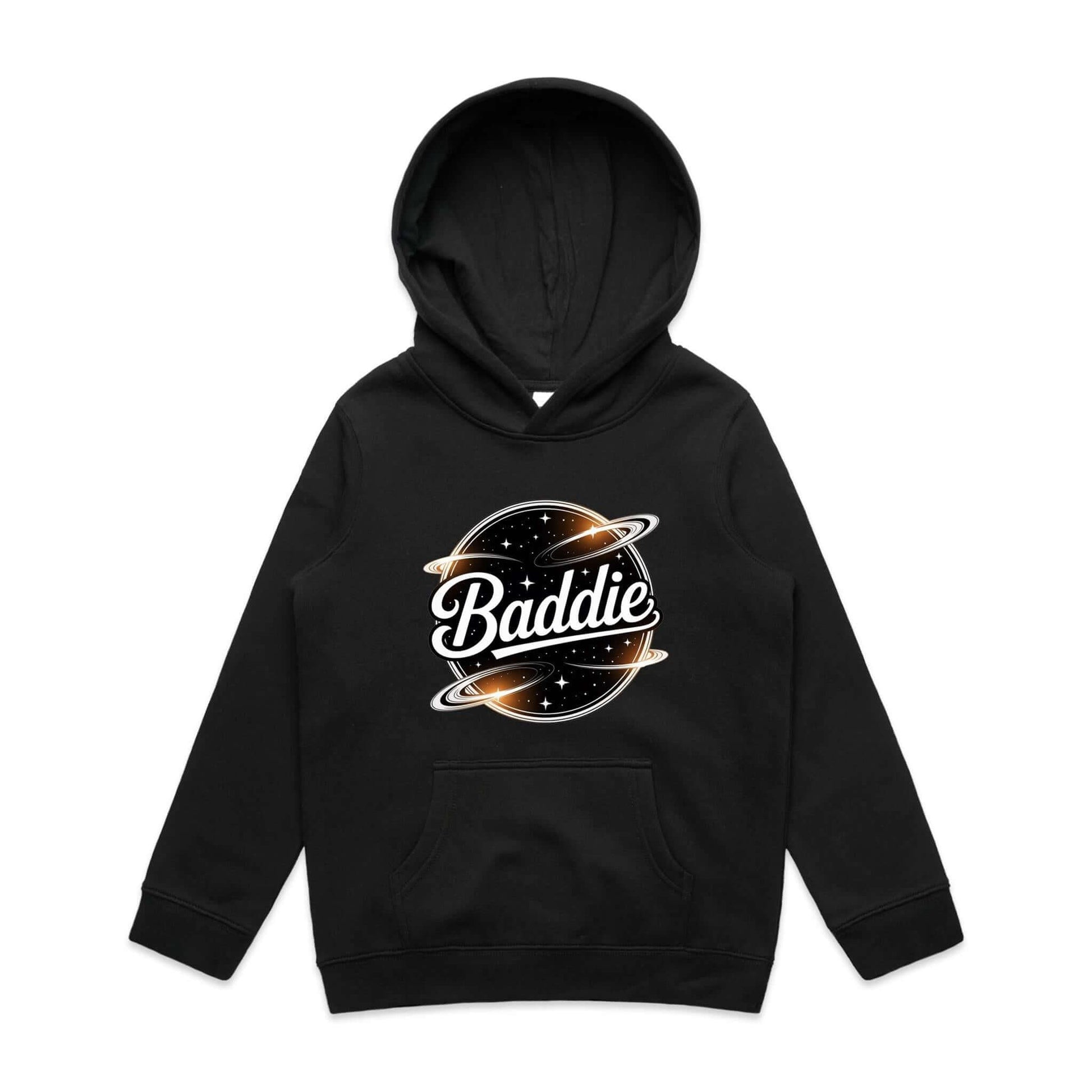 Kid's hooded jumper featuring 'Baddie' universe design with retro vibe, perfect for trendy casual wear.