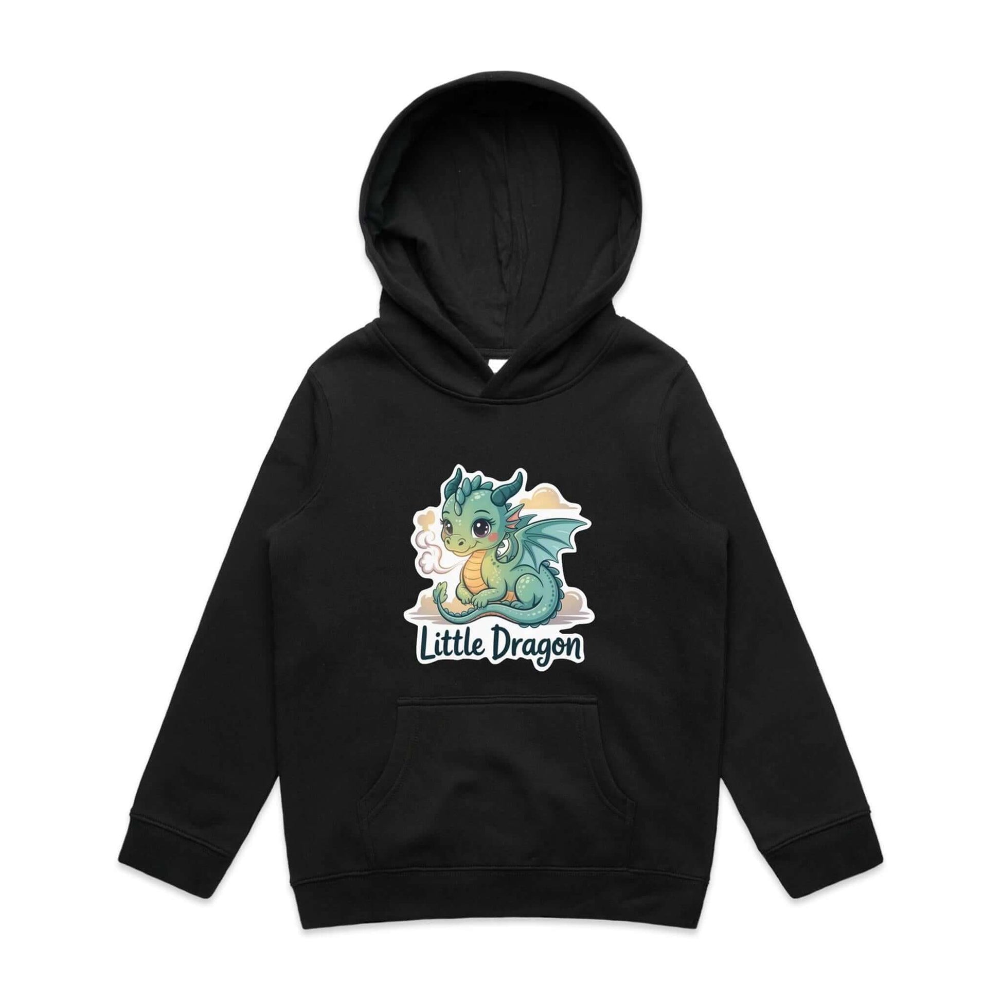 Kids black hooded jumper featuring an adorable 'Little Dragon' cartoon character design.