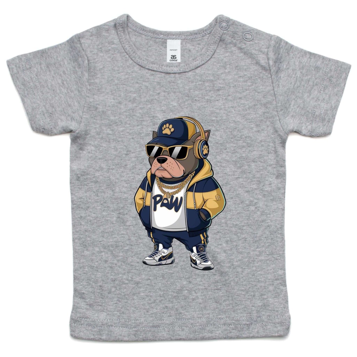 Infants' AS Colour T-shirt featuring a gangster Pit Bull Dog in a hoodie, headphones, gold chains and sunglasses.