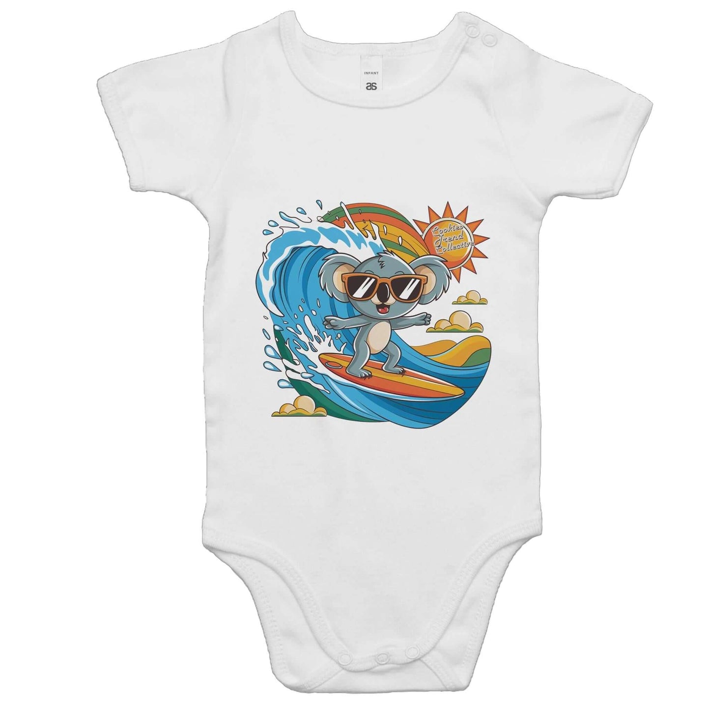 Cute baby onesie with a cool surfing koala riding a wave, perfect for Infant beach lovers and animal lovers.