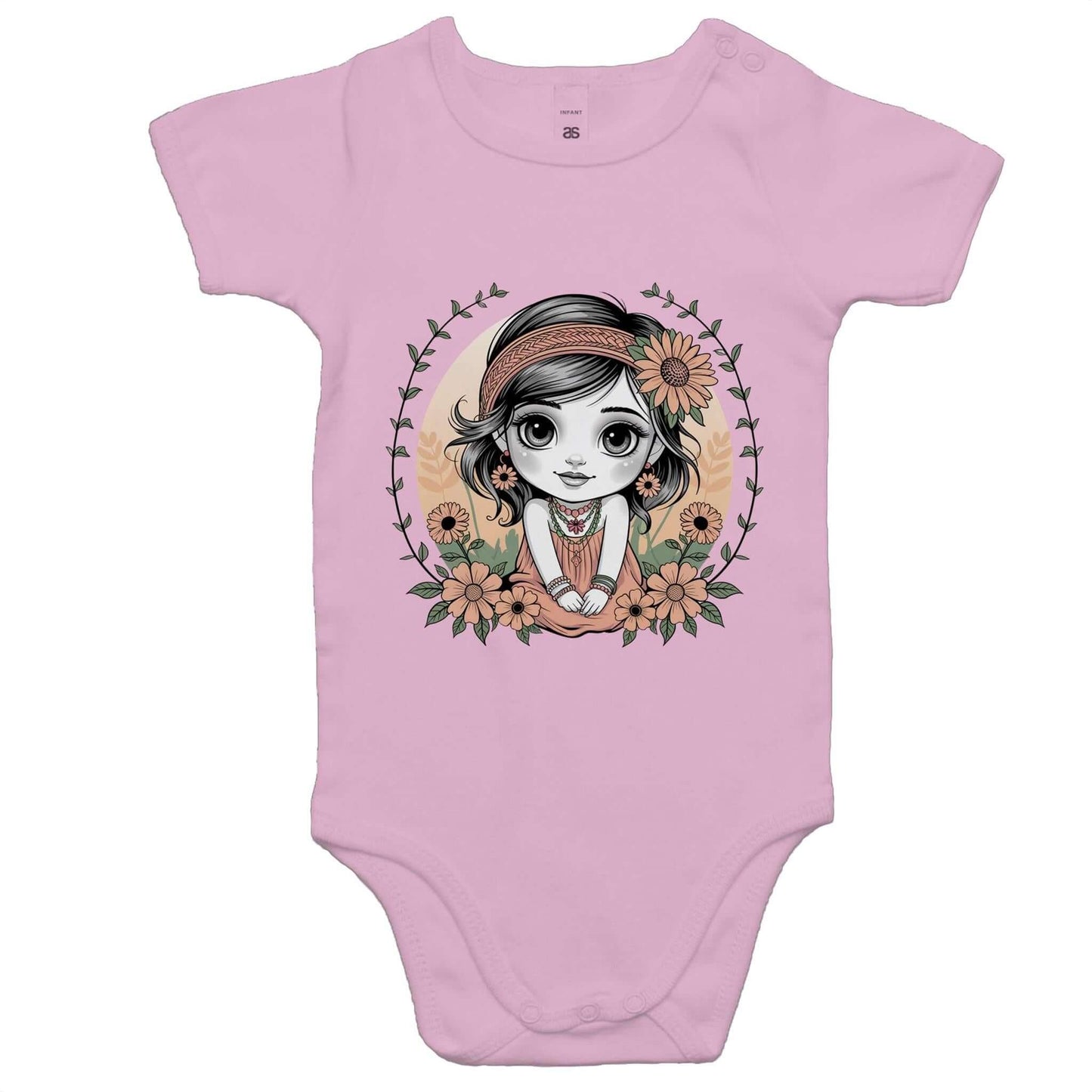 Cute baby onesie featuring a floral chibi girl design surrounded by vibrant flowers, perfect for young girls.