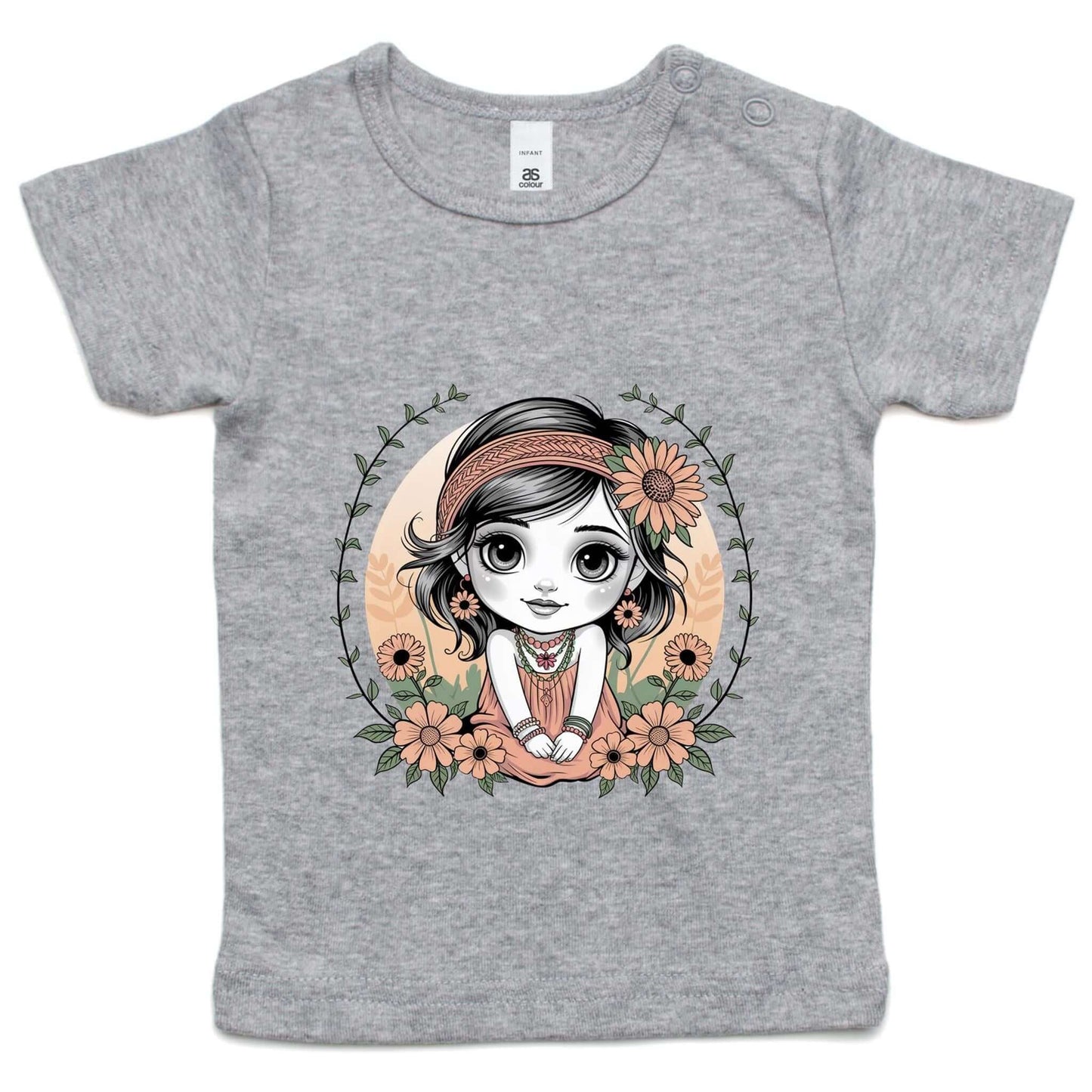 Cute chibi girl surrounded by flowers on a grey infant tee shirt, perfect for stylish young girls.