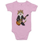 Baby onesie with a rock and roll cat playing guitar design, perfect for music and cat lovers.