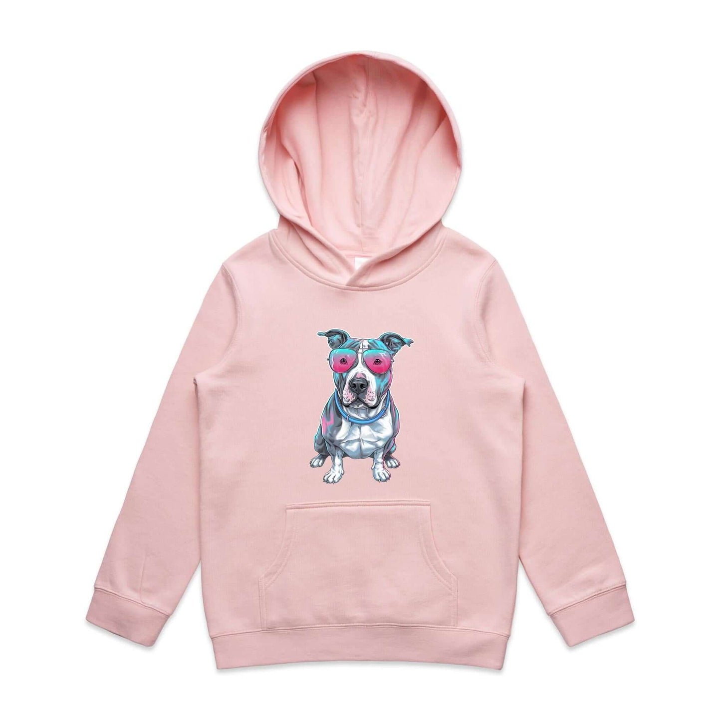 AS Colour kid's hoodie featuring a retro synth wave Pit Bull design with pink sunglasses, ideal for dog lovers.