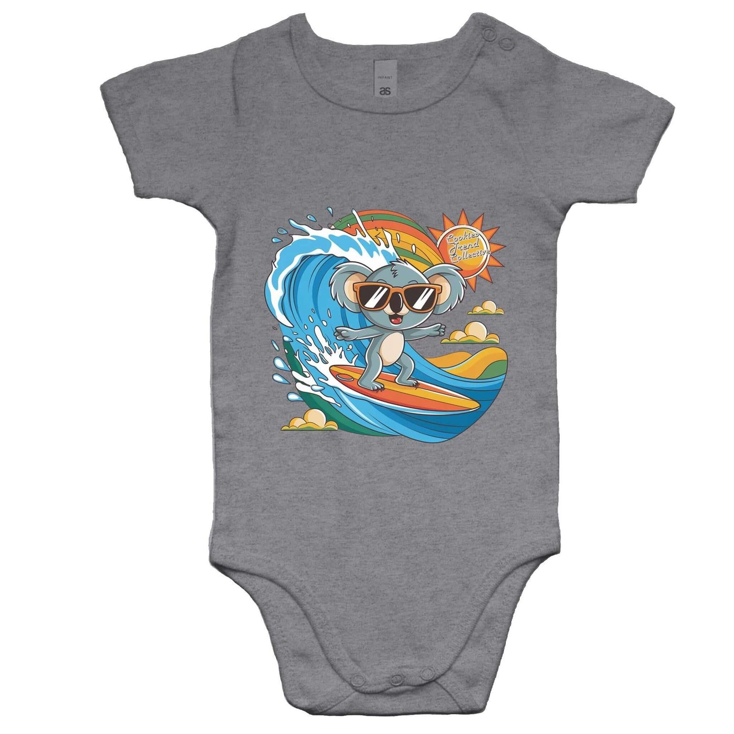Baby onesie featuring a cool surfing koala design with sunglasses, perfect for beach-loving families.