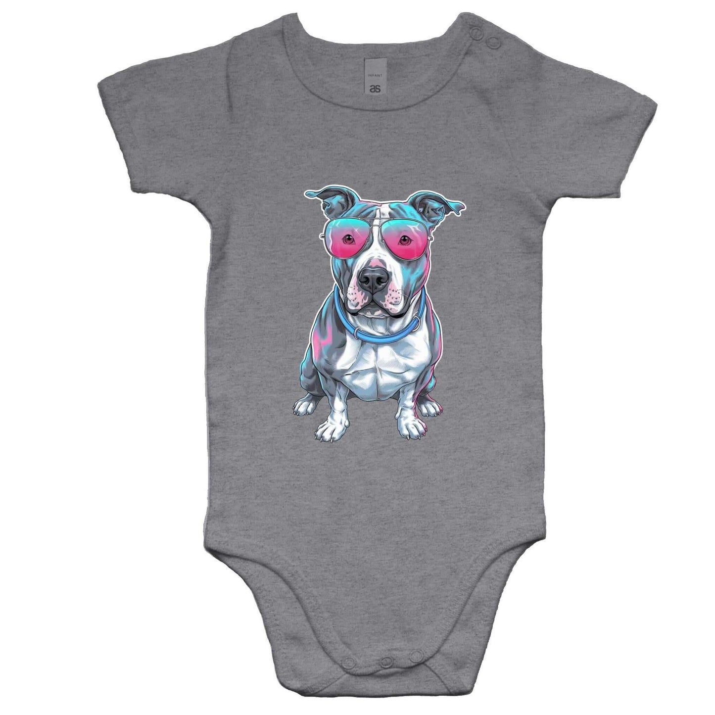 Infants' AS Colour onesie featuring a retro synth wave Pit Bull design with pink sunglasses, ideal for dog lovers.