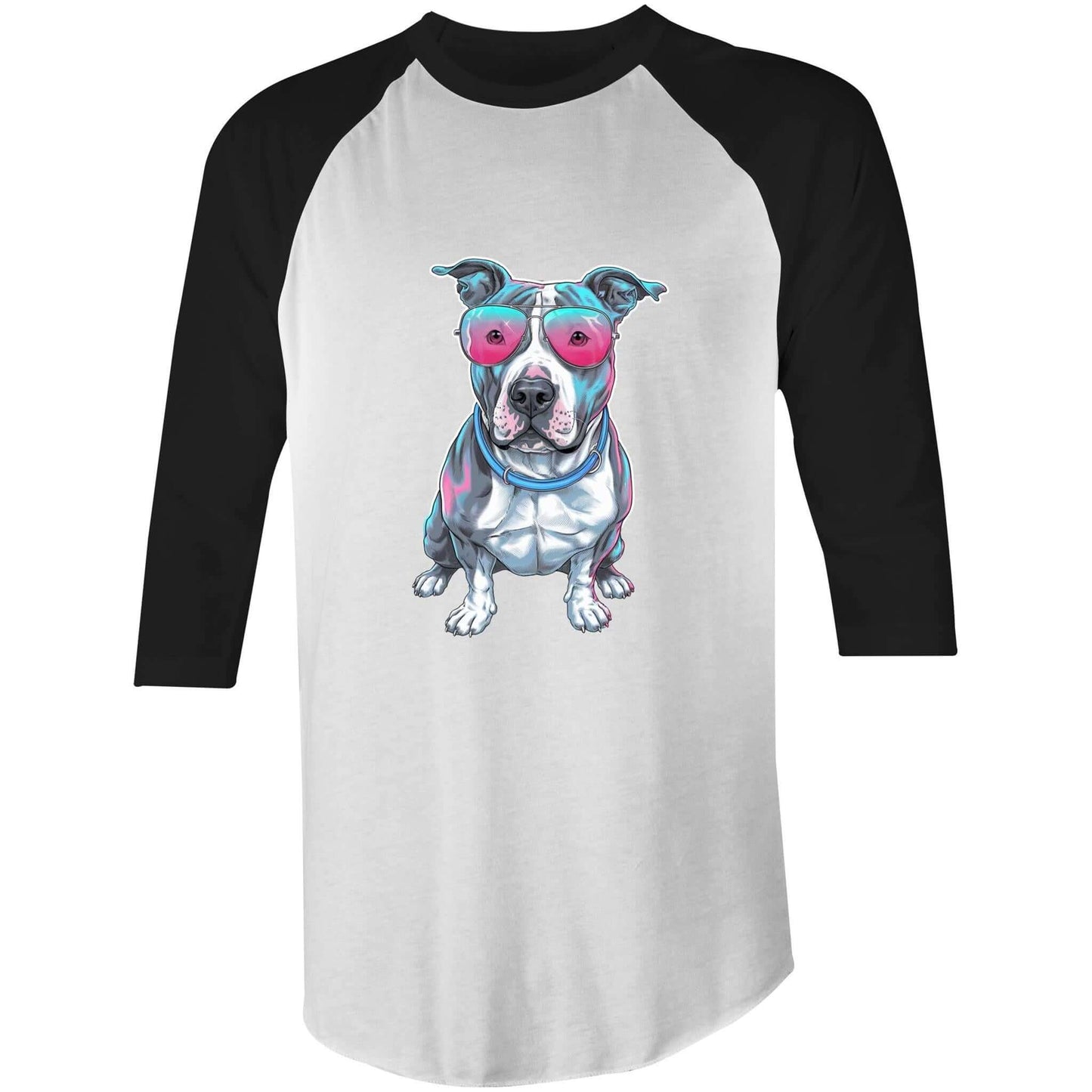 AS Colour Raglan t-shirt featuring retro synth wave Pit Bull design with pink sunglasses, ideal for dog lovers.