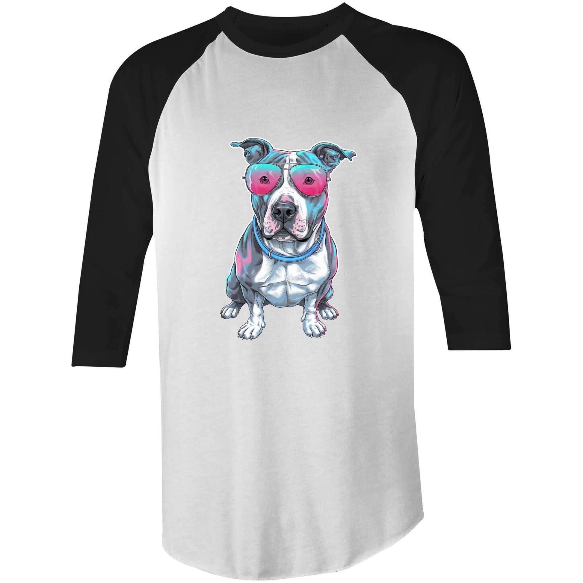 AS Colour Raglan t-shirt featuring retro synth wave Pit Bull design with pink sunglasses, ideal for dog lovers.