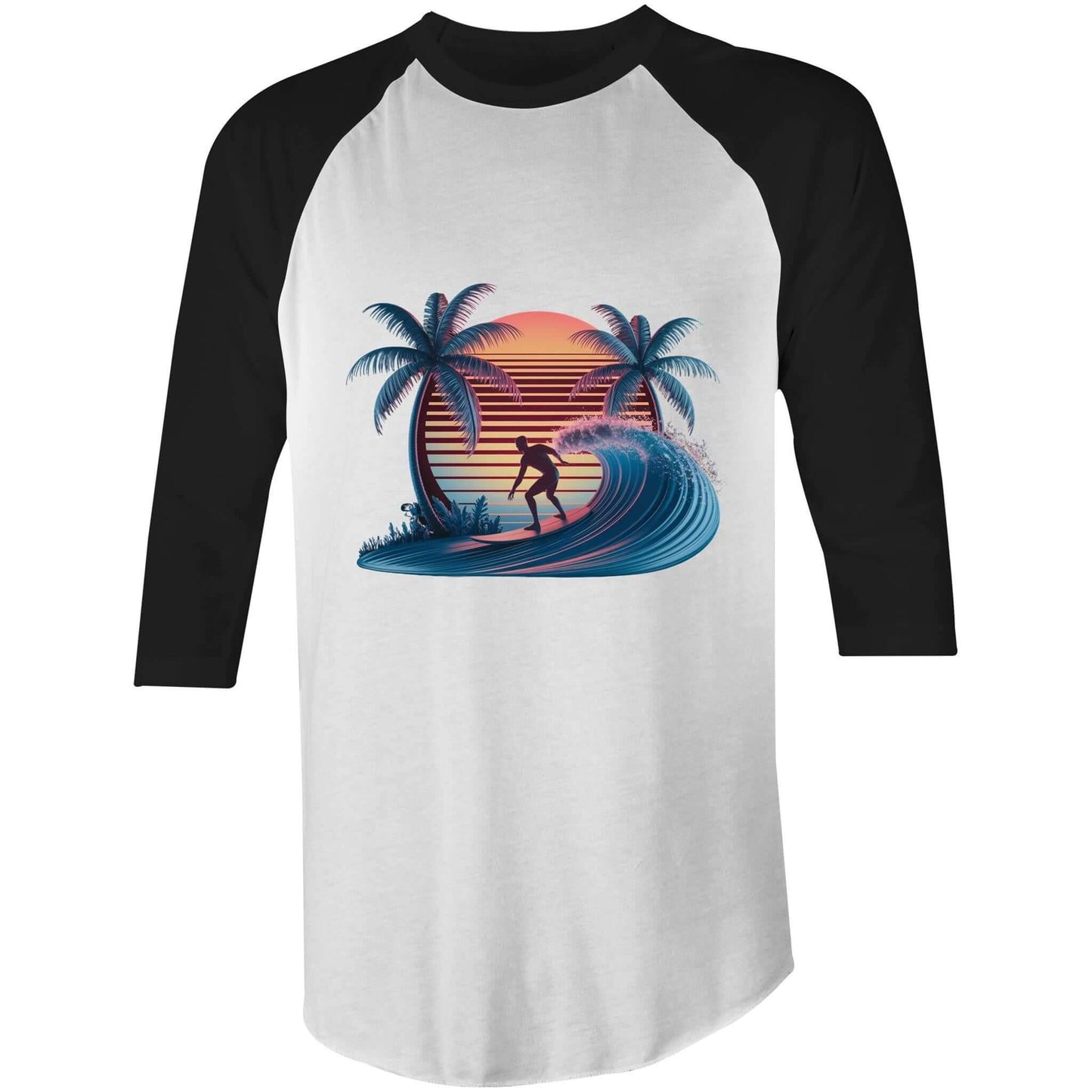 3/4 sleeve t-shirt featuring sunset surfer illustration with synth-wave effect and palm trees, ideal for surf and beach wear.