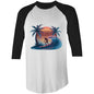 3/4 sleeve t-shirt featuring sunset surfer illustration with synth-wave effect and palm trees, ideal for surf and beach wear.