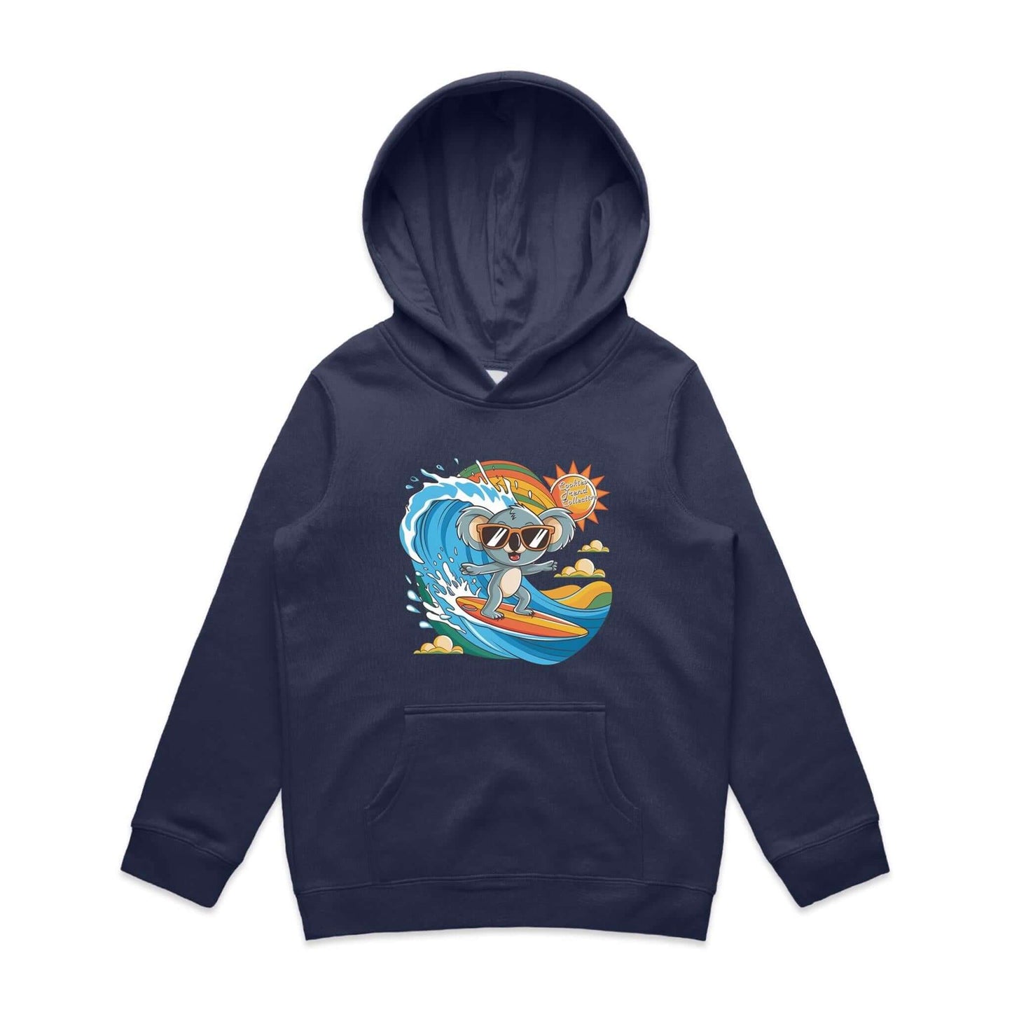 Cute kid's hoodie with a cool surfing koala riding a wave, perfect for beach lovers and animal lovers.