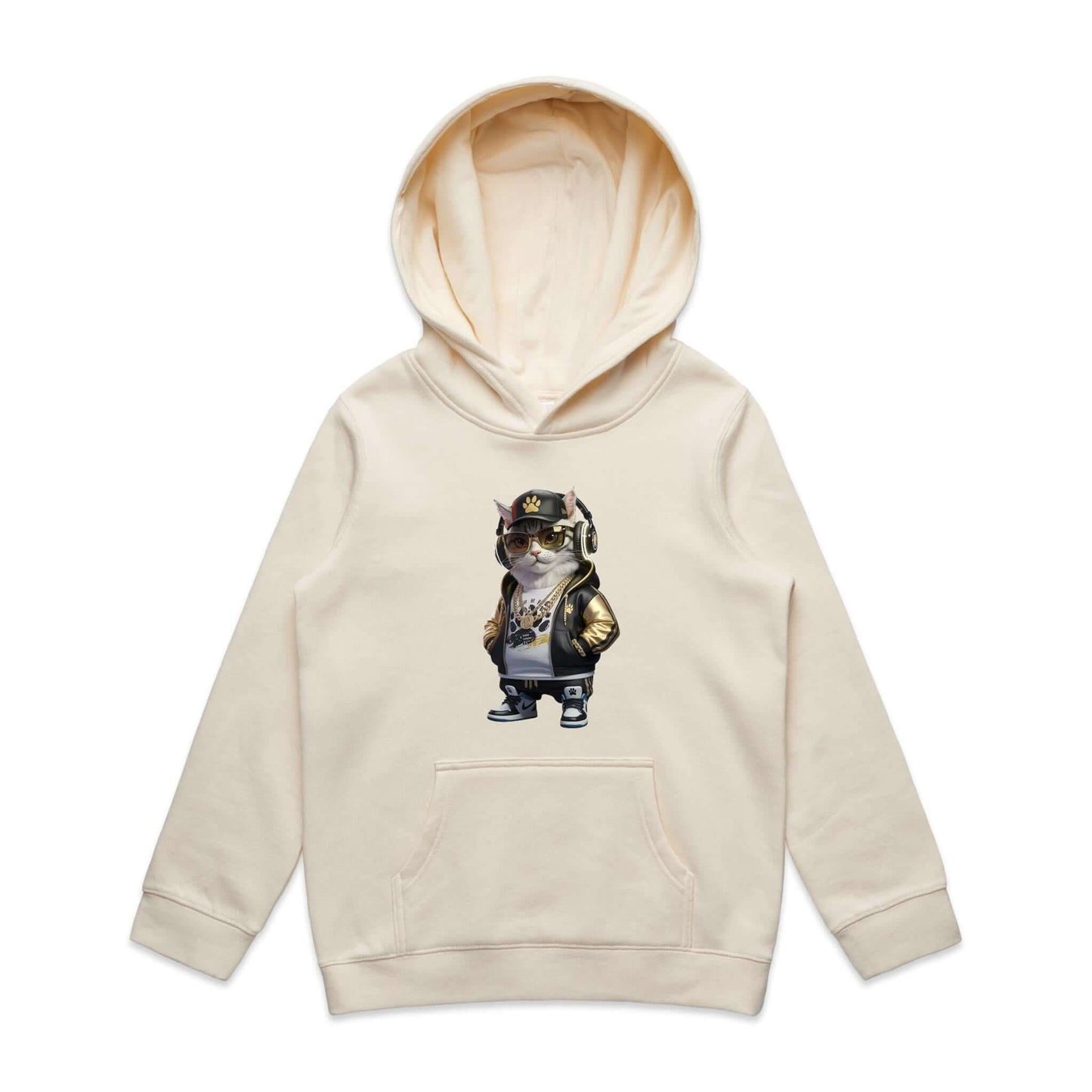 Kid's hoodie featuring a cool hip hop cat design in sunglasses and gold chains, ideal for cat lovers and baby fashion.