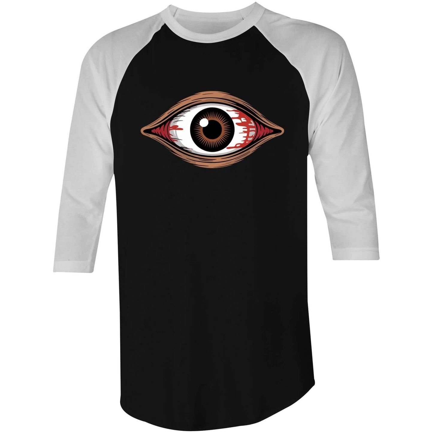 Bloody brown eye design on a black/white unisex 3/4 sleeve shirt, perfect for music festivals and Halloween.