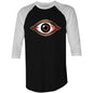 Bloody brown eye design on a black/white unisex 3/4 sleeve shirt, perfect for music festivals and Halloween.