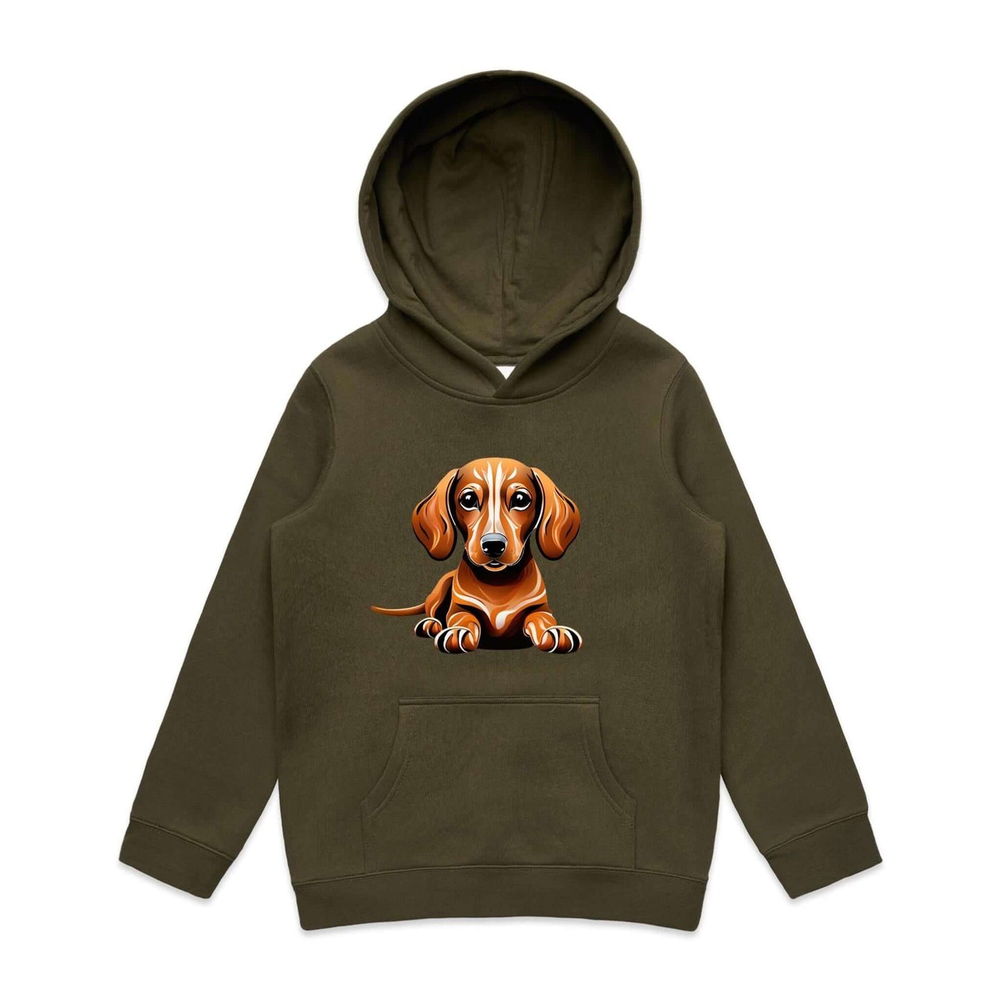 Cute tan Dachshund puppy - Sausage dog graphic on a kid's hoodie for dog lovers and animal lovers.