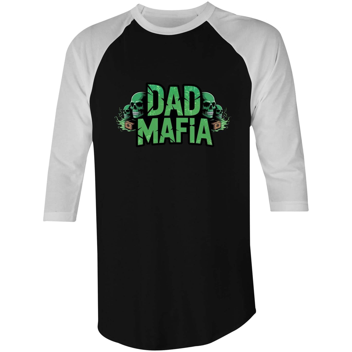 DAD MAFIA unisex 3/4 sleeve T-shirt in black/white with neon green lettering and stylized skulls for bold statement style.