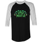 DAD MAFIA unisex 3/4 sleeve T-shirt in black/white with neon green lettering and stylized skulls for bold statement style.