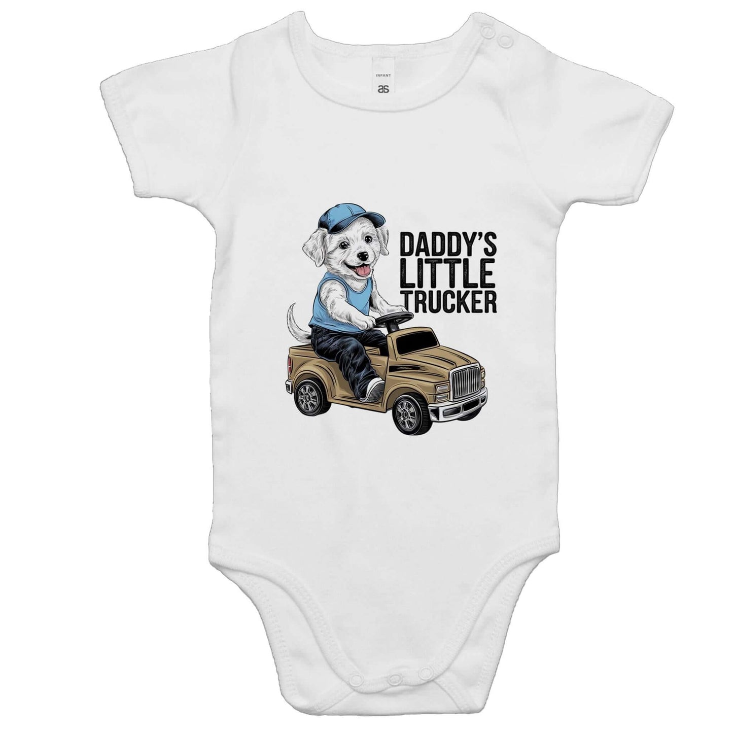 Cute puppy in a truck on a baby onesie, featuring 'Daddy's Little Trucker' design, perfect for trucker's kids.