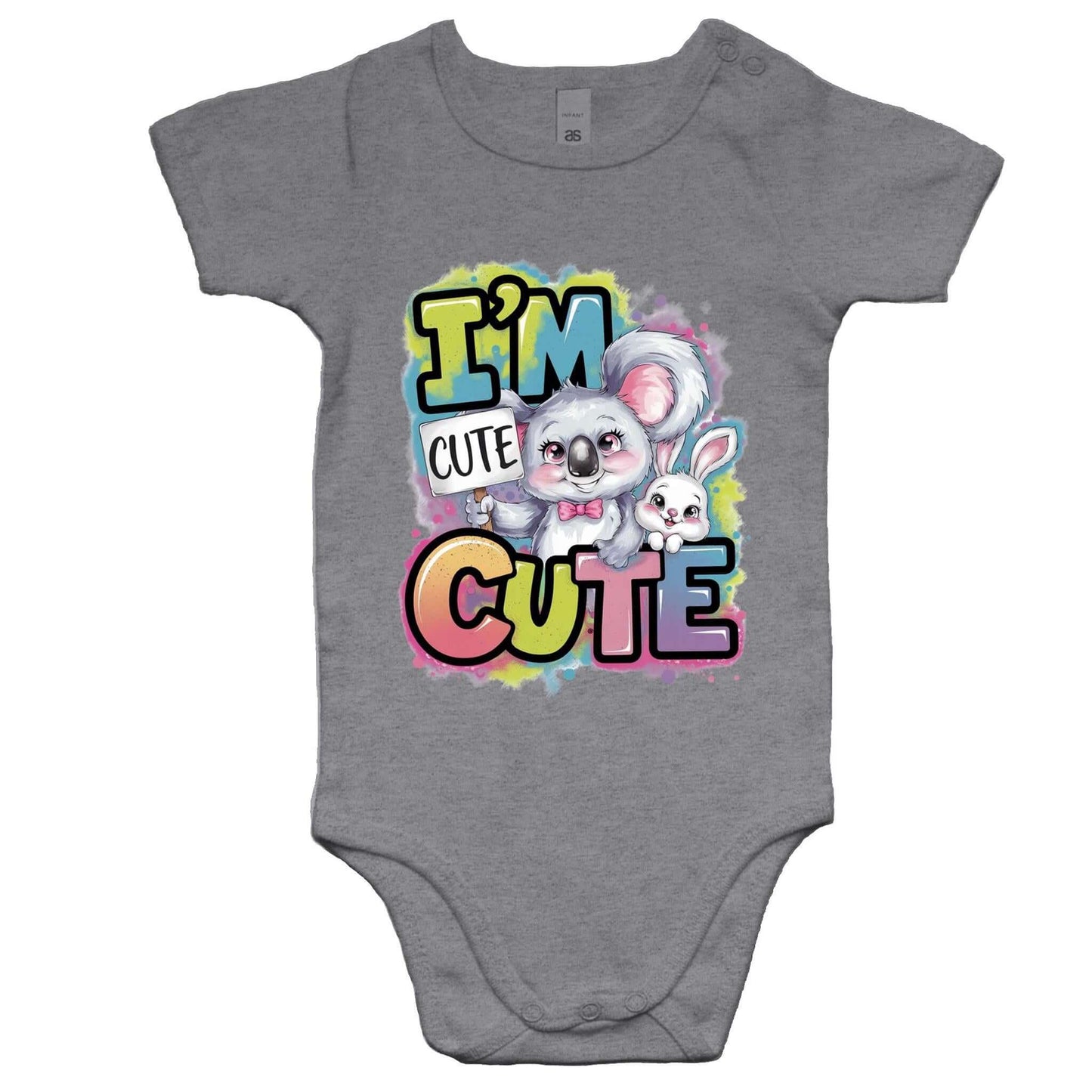 Baby onesie featuring cute koala and bunny design with text "I'm Cute" in colorful print, perfect for baby fashion.