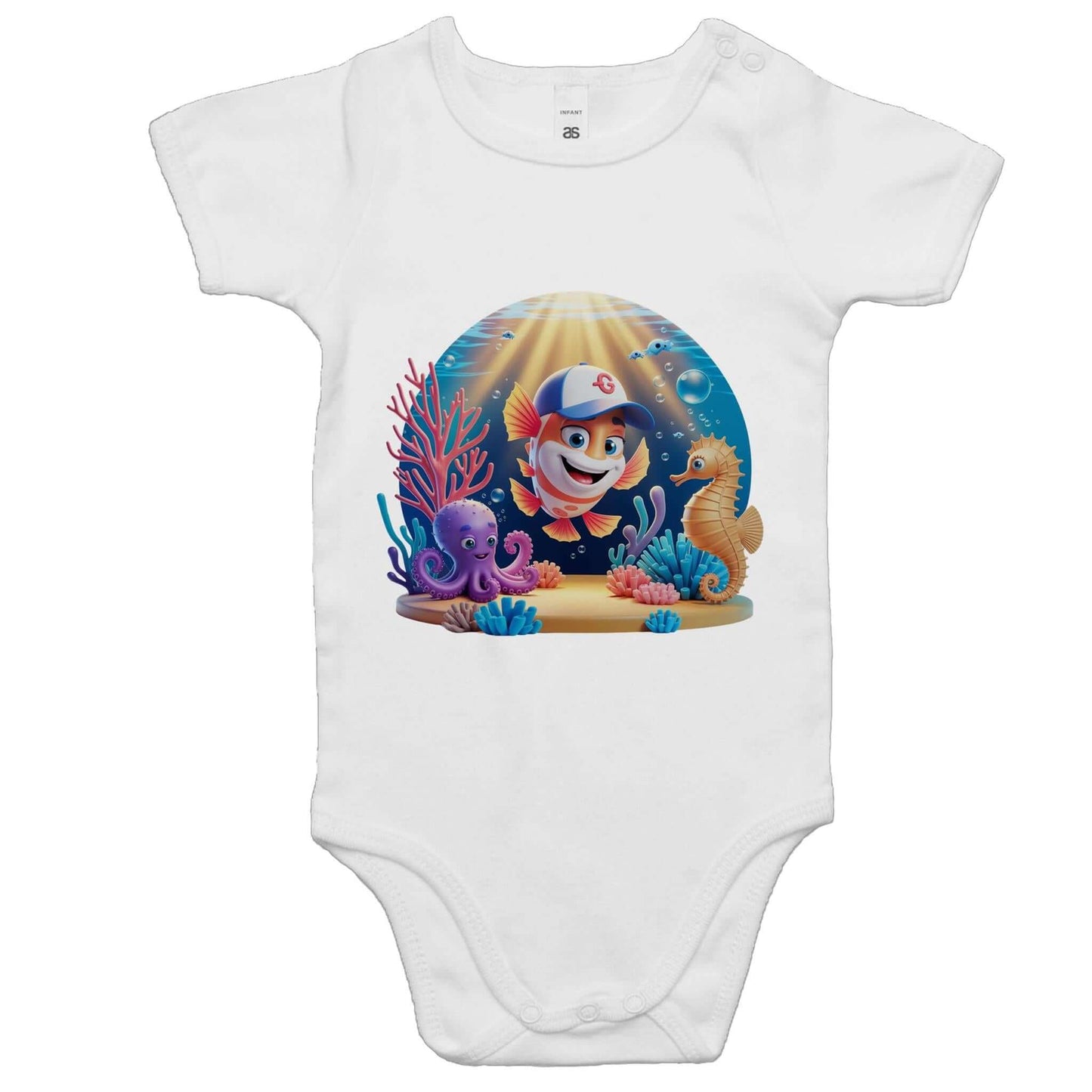 AS Colour Sea Life Baby onesie with colorful cartoon fish, octopus, and seahorse design, perfect for kids' fashion.