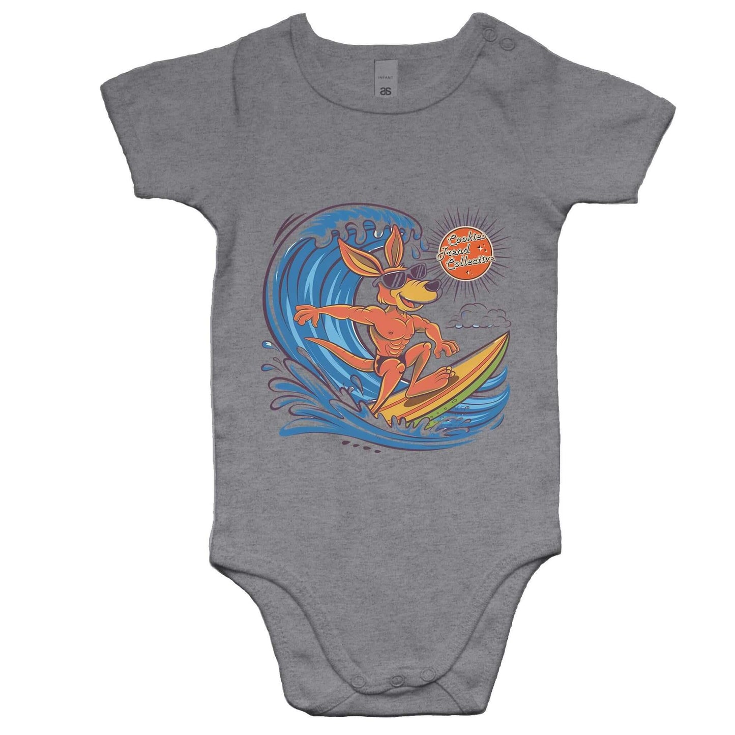 Infant AS Colour baby onesie with cool kangaroo surfing a wave design, ideal for beach lovers and summer vibes.