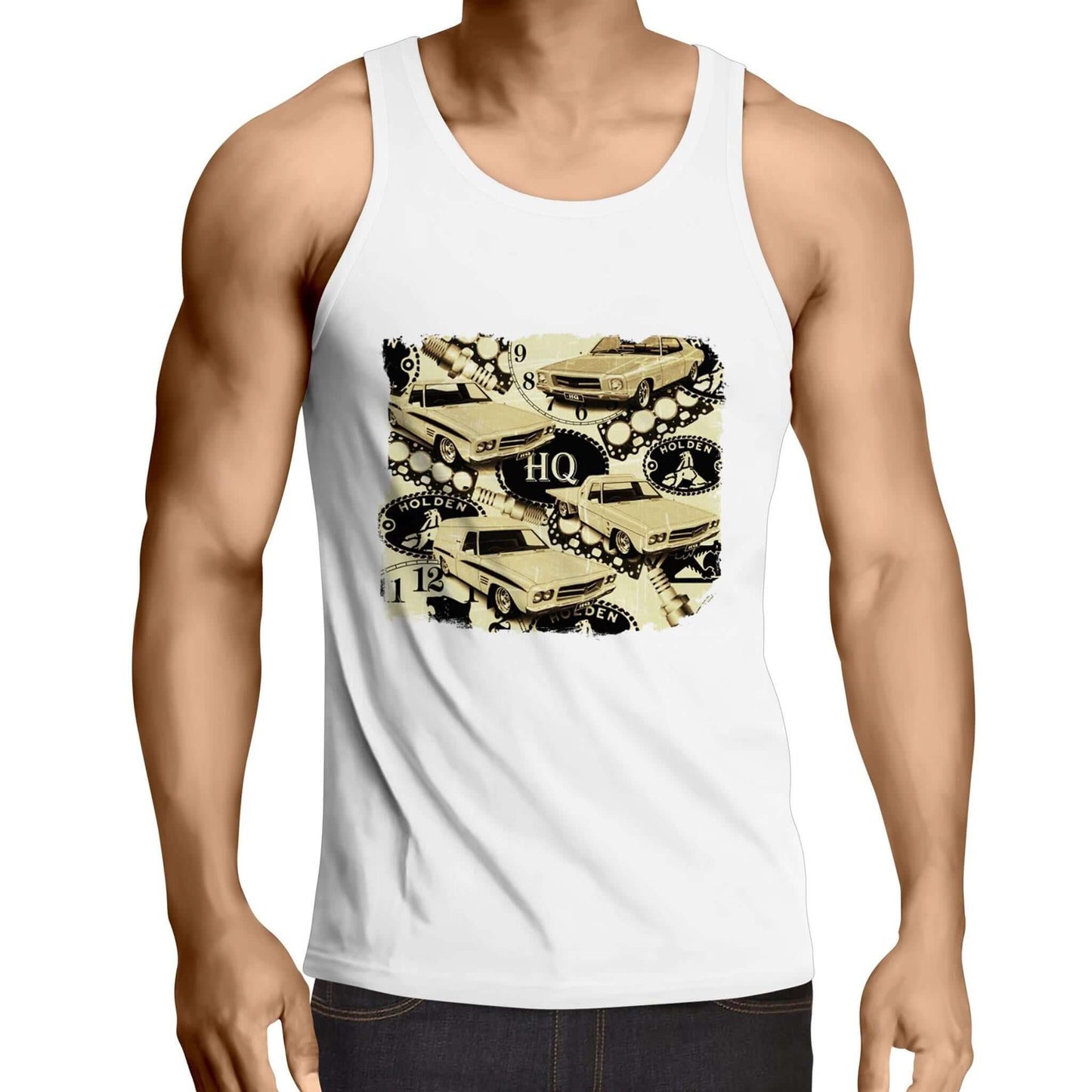 Vintage Holden Cars singlet top featuring 70's HQ Monaro, Panel Van, Ute, and One Tonner design, perfect for car enthusiasts.