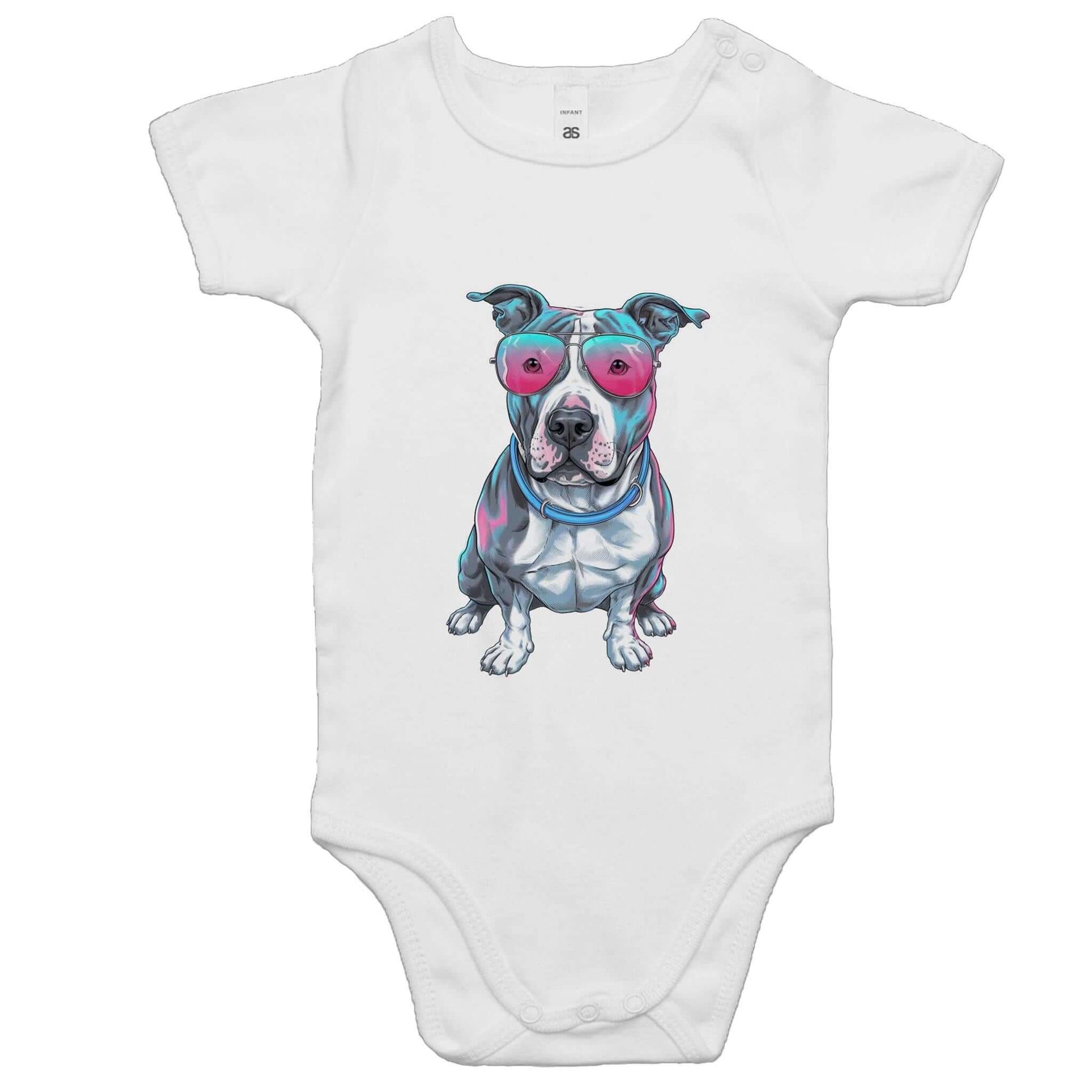 AS Colour baby onesie featuring a retro synth wave Pit Bull design with pink sunglasses, ideal for dog lovers.
