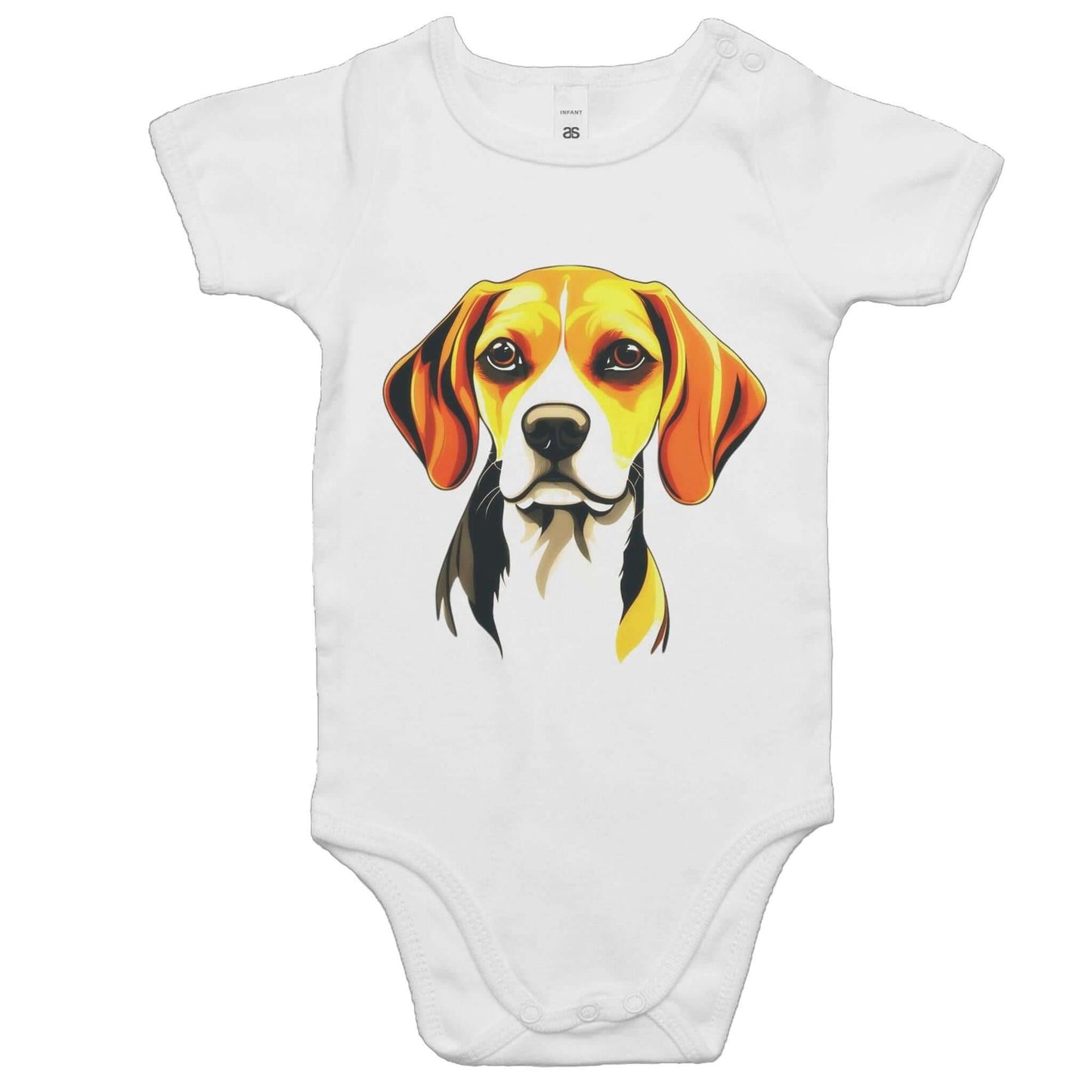 Cute white baby onesie featuring a colorful hound dog design for animal lovers.
