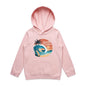 Vintage sunset beach kids hoodie in pink with big wave and tropical sunset, perfect for surf culture lovers.