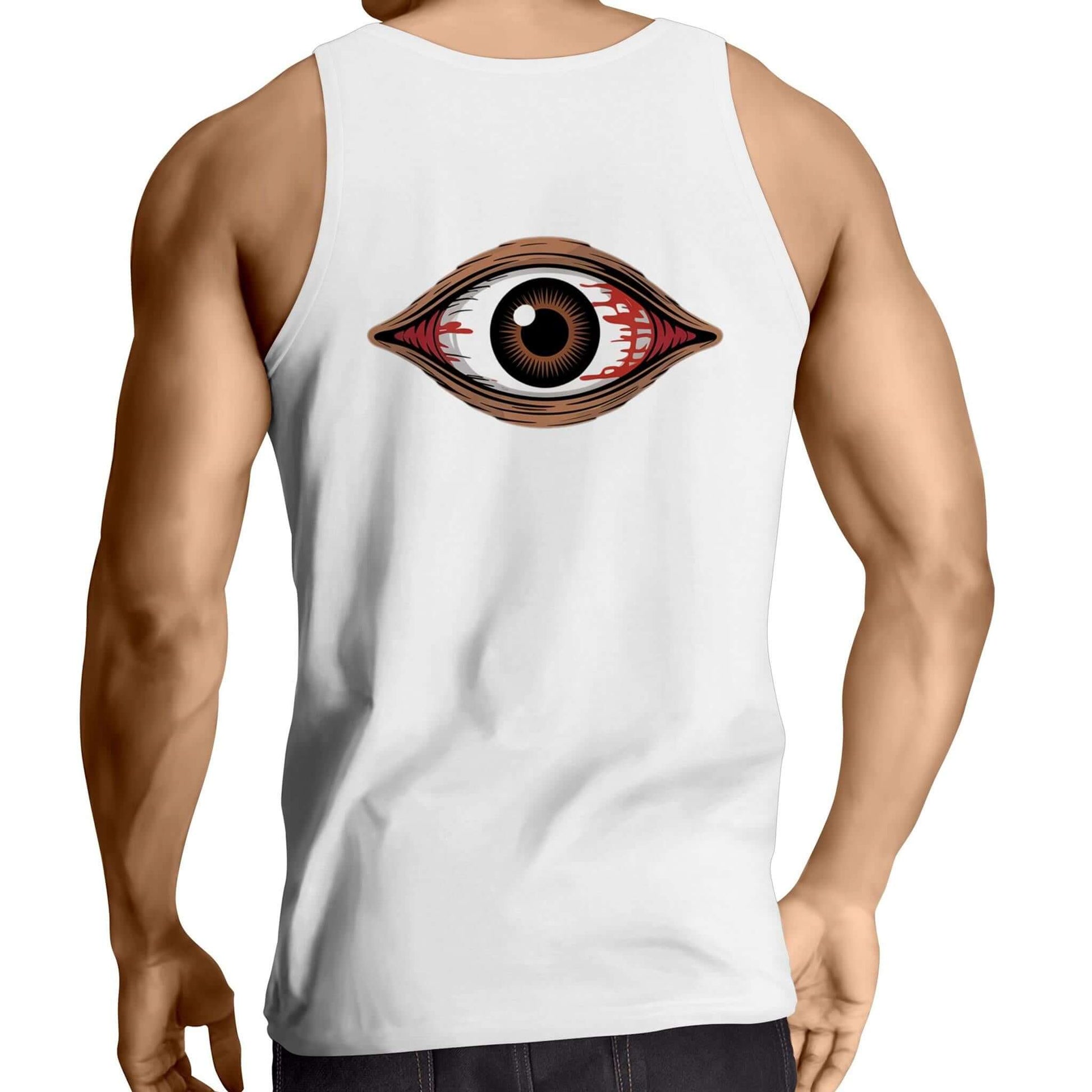 Back view of a white singlet top featuring a spooky bloody brown eye design, perfect for music festivals and Halloween.